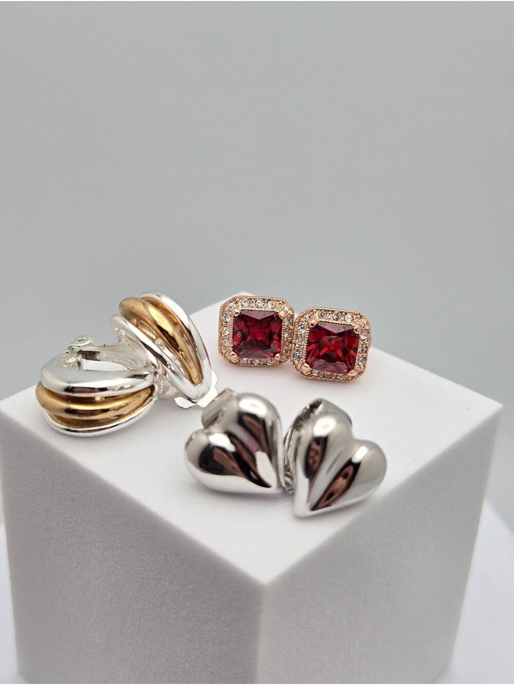 3 Pair Earring Set Two Tone Ribbed Red Gemstone & Silver Heart Studs New